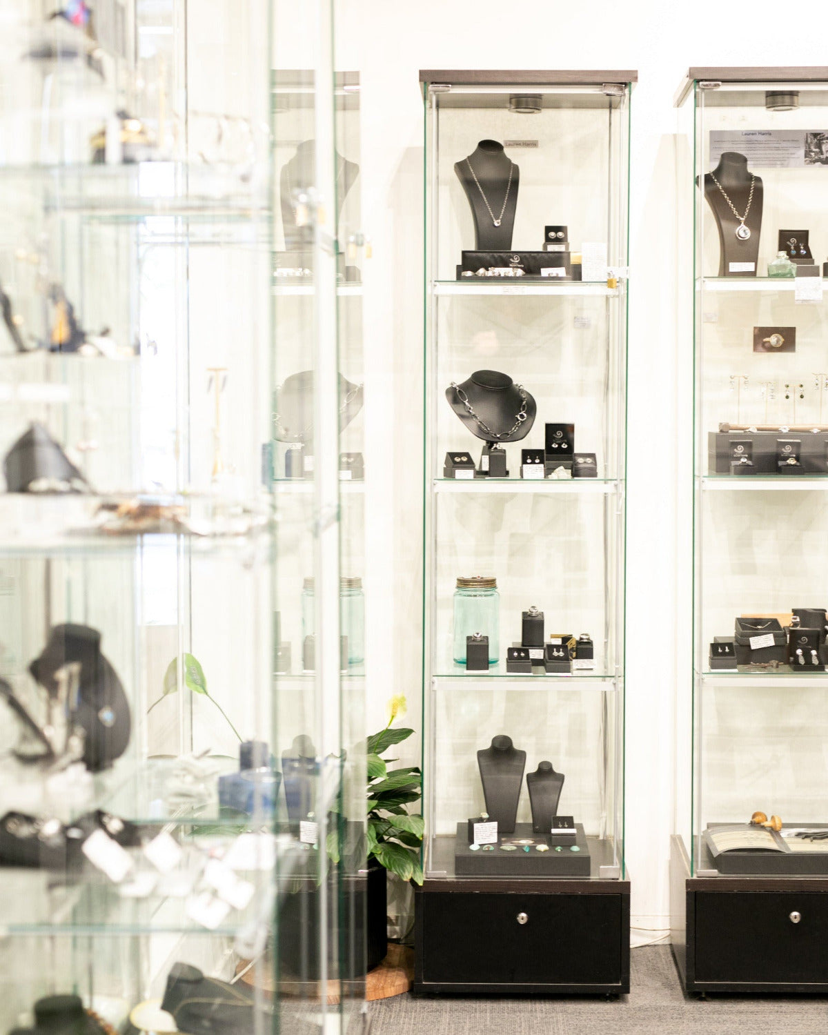 The interior jewellery display setup of FIND Contemporary Jewellery Collective, showcasing multiple glass-front cases containing necklaces, bracelets, rings, and earrings on black mannequins and trays, set against a white wall.